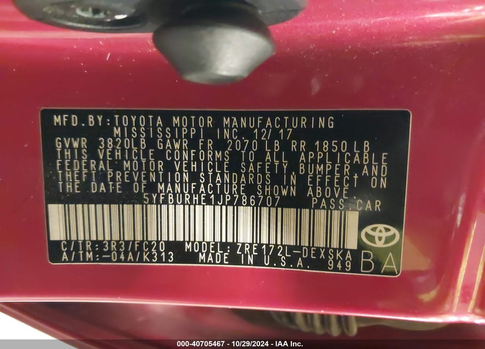 2018 TOYOTA COROLLA VIN: 5YFBURHE1JP786707