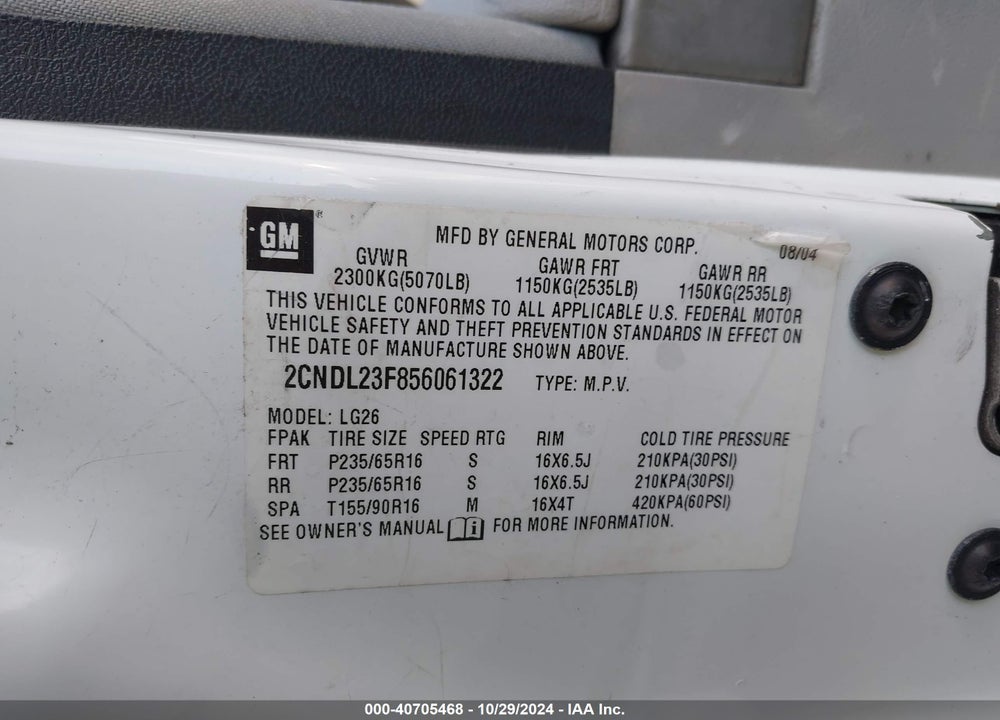 2005 CHEVROLET EQUINOX LS VIN: 2CNDL23F856061322