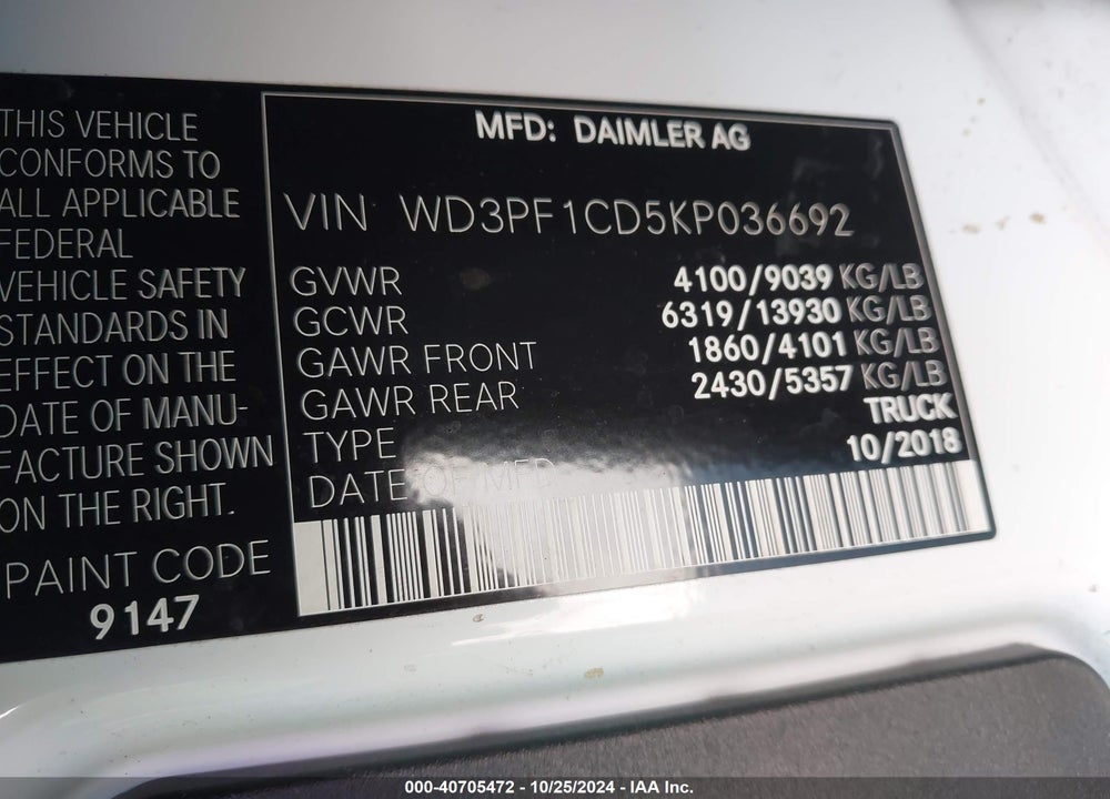 2019 MERCEDES-BENZ SPRINTER 2500 HIGH ROOF V6 VIN: WD3PF1CD5KP036692