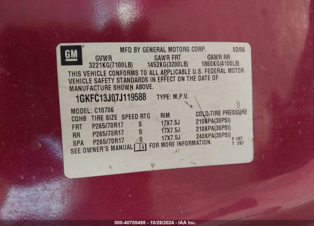 2007 GMC YUKON COMMERCIAL FLEET VIN: 1GKFC13J07J119588