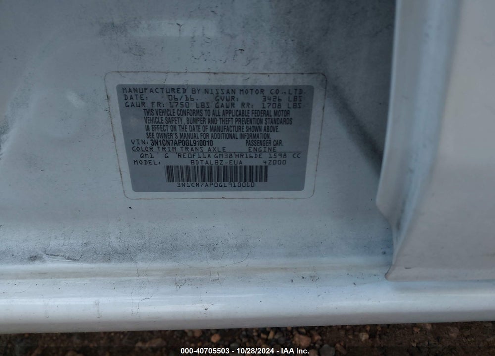 2016 NISSAN VERSA 1.6 SV VIN: 3N1CN7AP0GL910010