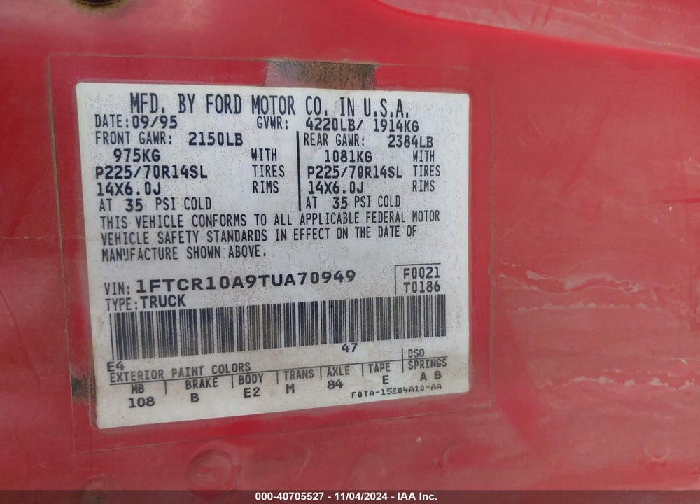 1996 FORD RANGER VIN: 1FTCR10A9TUA70949