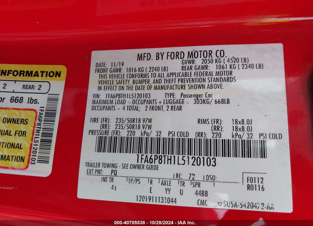 2020 FORD MUSTANG VIN: 1FA6P8TH1L5120103