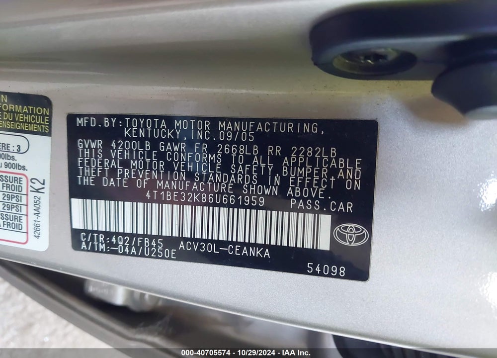 2006 TOYOTA CAMRY LE VIN: 4T1BE32K86U661959