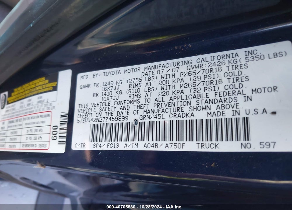 2007 TOYOTA TACOMA ACCESS CAB VIN: 5TEUU42N27Z459899