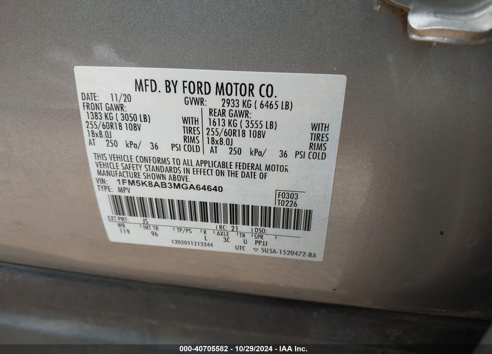 2021 FORD POLICE INTERCEPTOR UTILITY VIN: 1FM5K8AB3MGA64640