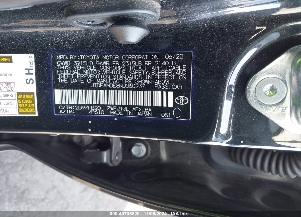 2022 TOYOTA COROLLA HYBRID LE VIN: JTDEAMDE8NJ060237