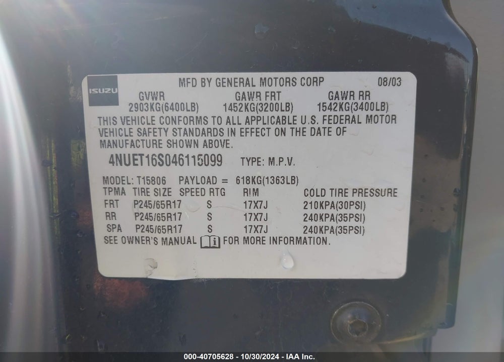 2004 ISUZU ASCENDER S/LS/LIMITED VIN: 4NUET16S046115099