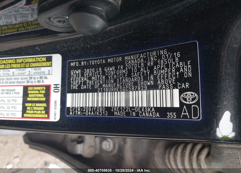 2016 TOYOTA COROLLA S PLUS VIN: 2T1BURHE5GC587829