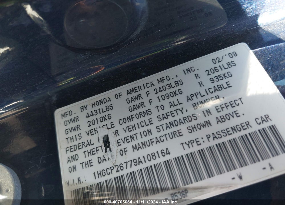 2009 HONDA ACCORD 2.4 EX VIN: 1HGCP26779A108164