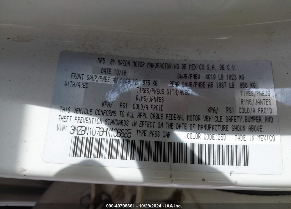 2017 MAZDA 3 SPORT VIN: 3MZBN1U76HM106885