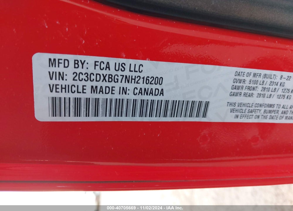 2022 DODGE CHARGER SXT RWD VIN: 2C3CDXBG7NH216200