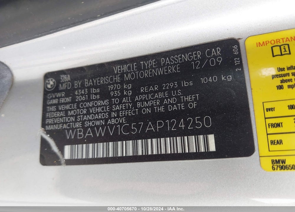 2010 BMW 328I VIN: WBAWV1C57AP124250