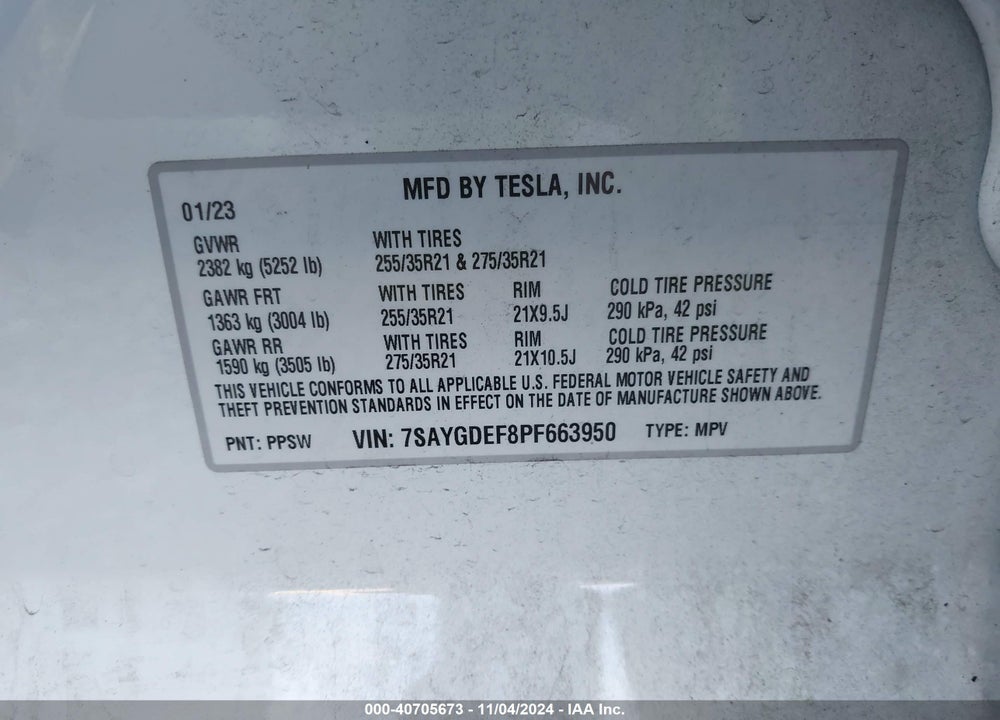 2023 TESLA MODEL Y AWD/PERFORMANCE DUAL MOTOR ALL-WHEEL DRIVE VIN: 7SAYGDEF8PF663950