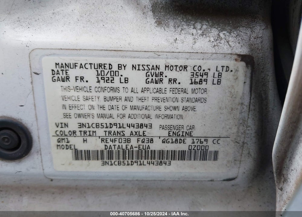2001 NISSAN SENTRA GXE VIN: 3N1CB51D91L443843