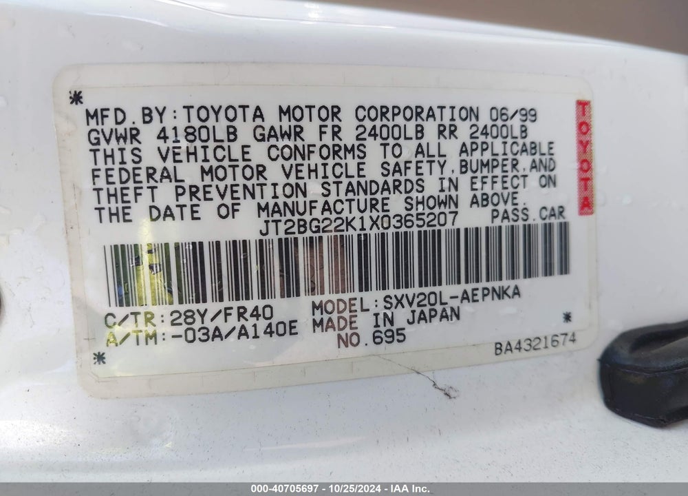 1999 TOYOTA CAMRY LE VIN: JT2BG22K1X0365207
