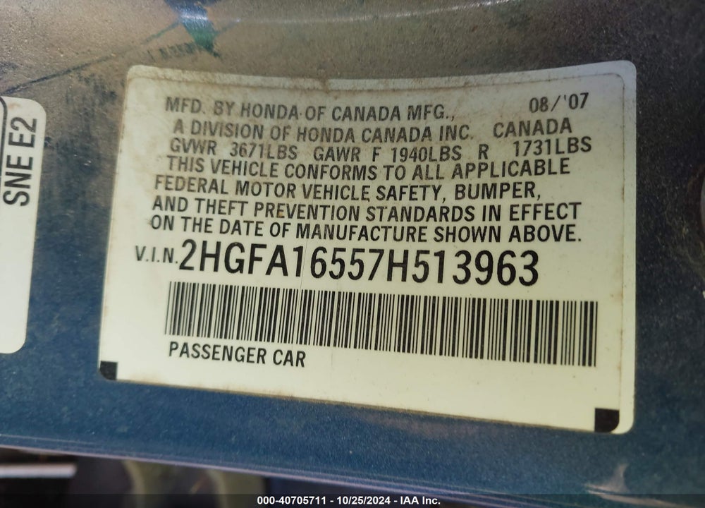 2007 HONDA CIVIC LX VIN: 2HGFA16557H513963