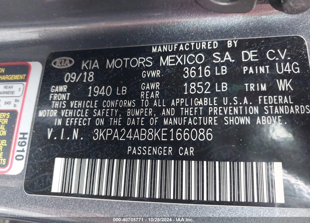 2019 KIA RIO S VIN: 3KPA24AB8KE166086