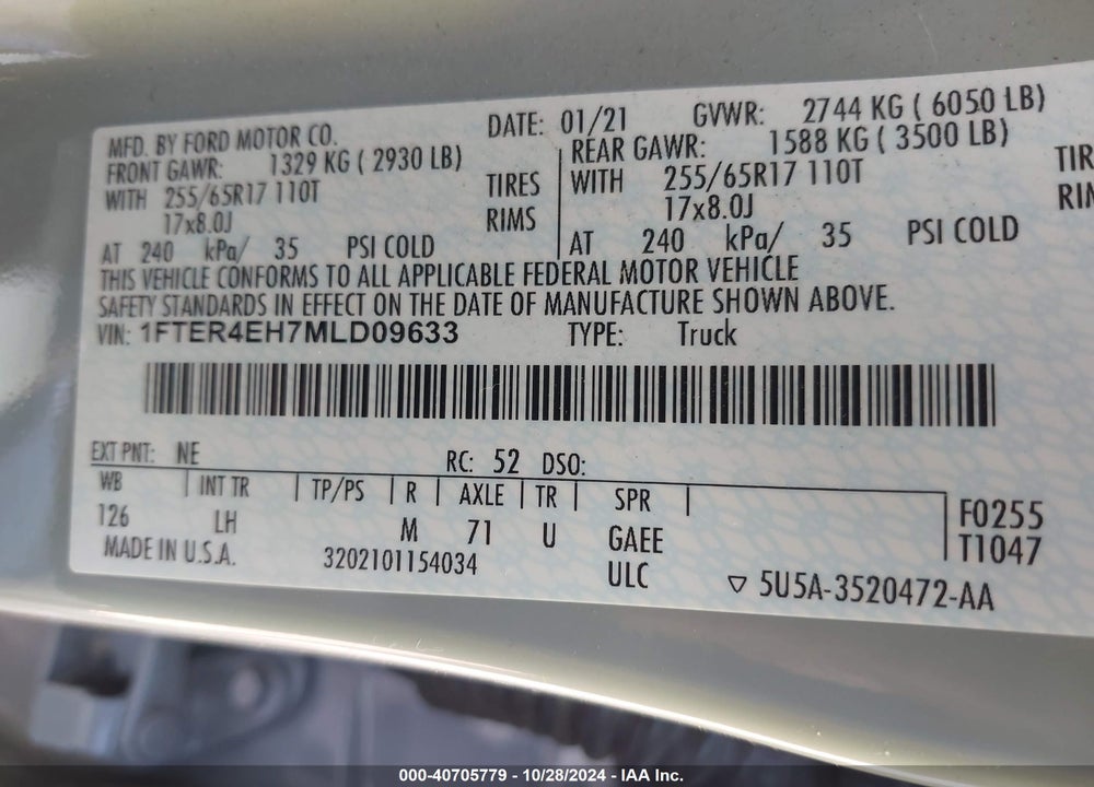 2021 FORD RANGER VIN: 1FTER4EH7MLD09633