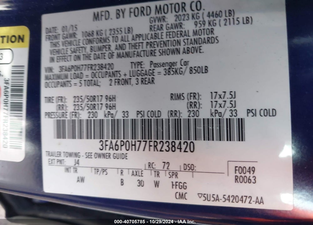 2015 FORD FUSION SE VIN: 3FA6P0H77FR238420