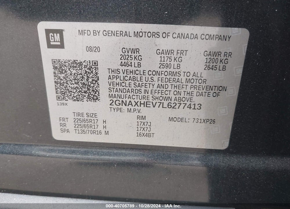 2020 CHEVROLET EQUINOX FWD LS VIN: 2GNAXHEV7L6277413