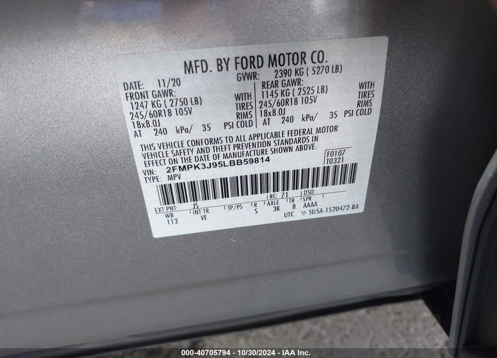 2020 FORD EDGE SEL VIN: 2FMPK3J95LBB59814