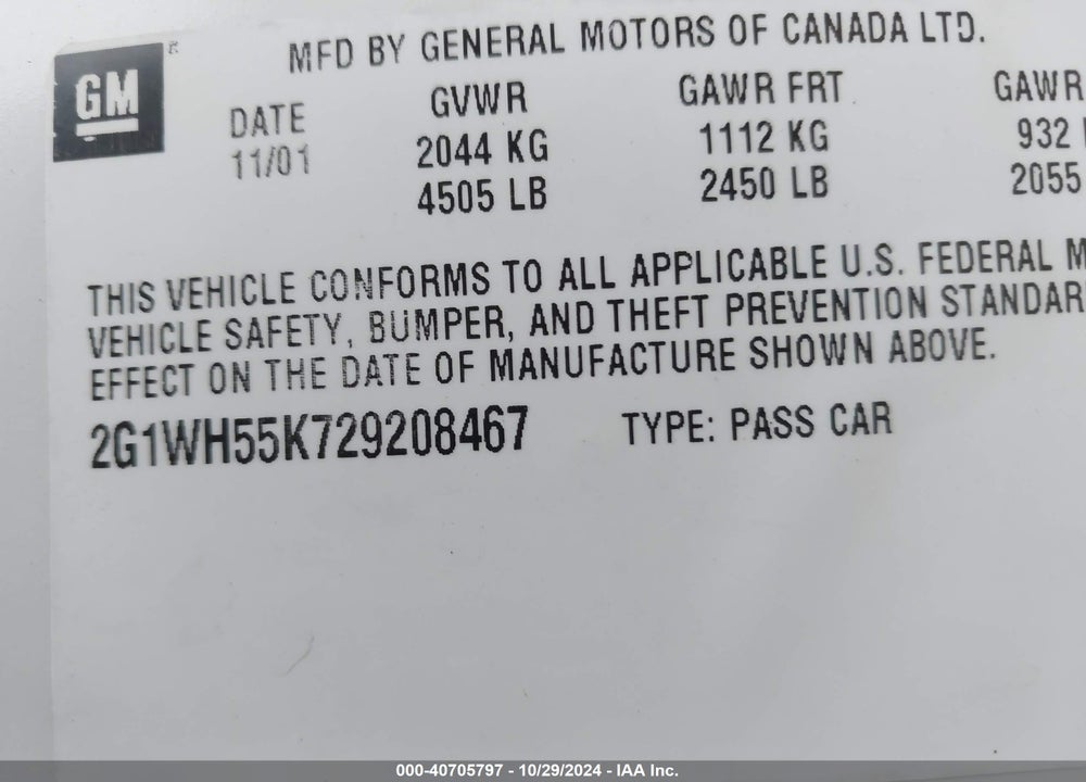 2002 CHEVROLET IMPALA LS VIN: 2G1WH55K729208467