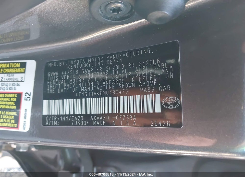 2021 TOYOTA CAMRY SE VIN: 4T1G11AK6MU480475