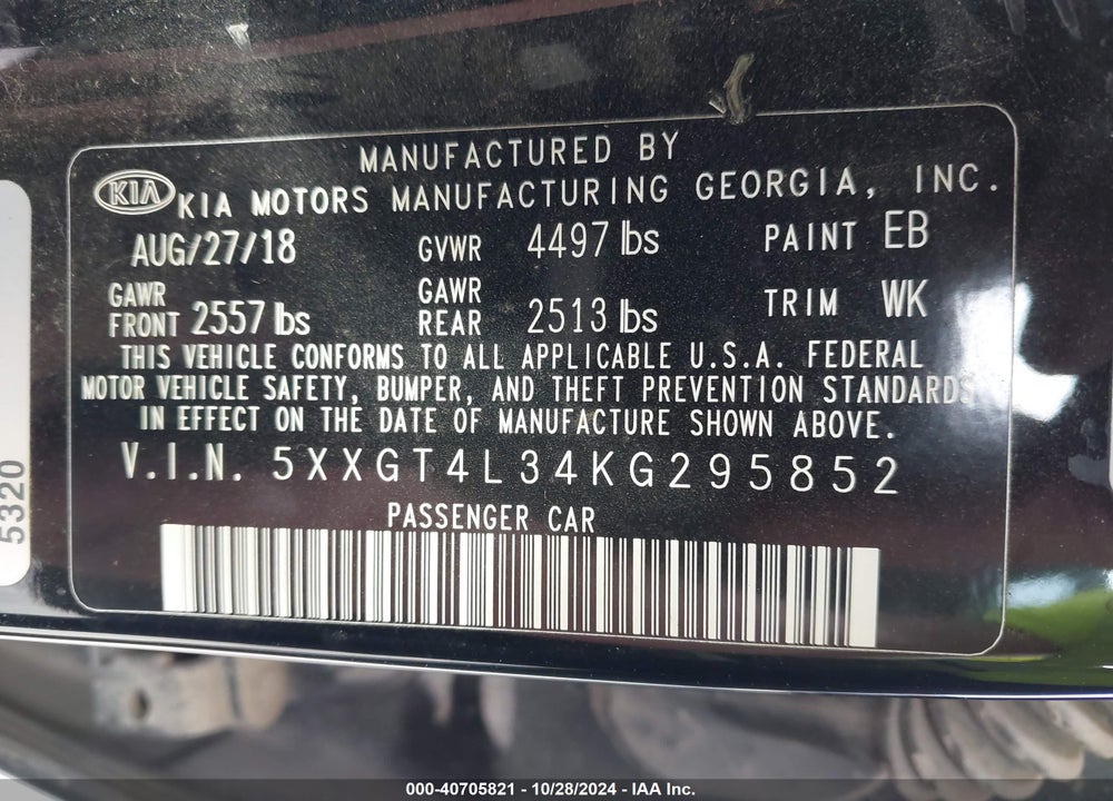 2019 KIA OPTIMA S VIN: 5XXGT4L34KG295852