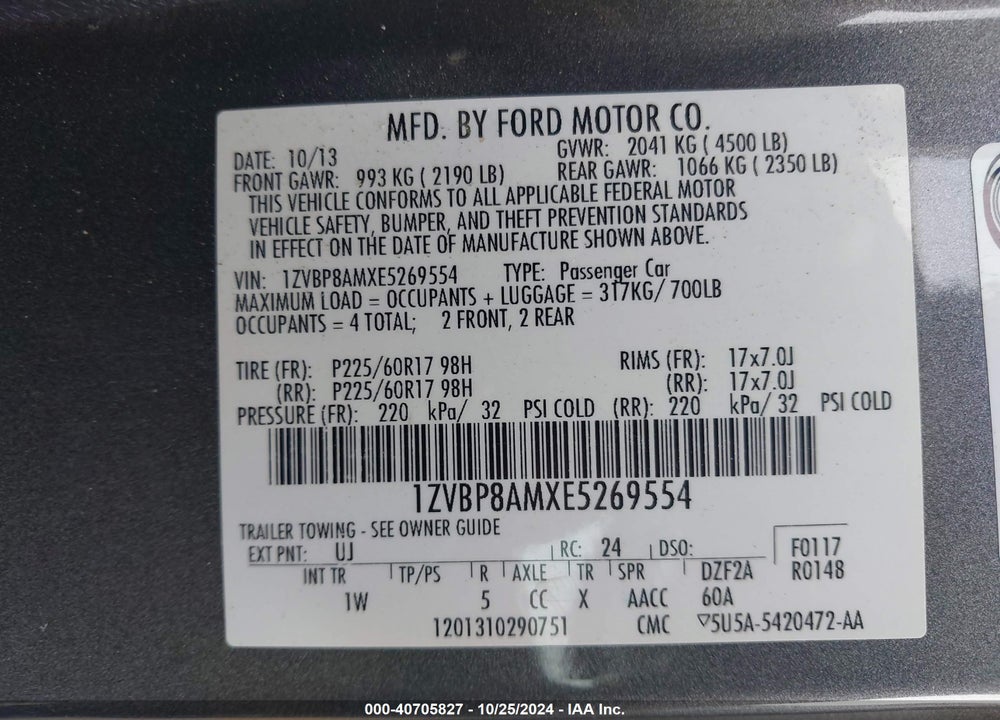 2014 FORD MUSTANG V6 VIN: 1ZVBP8AMXE5269554