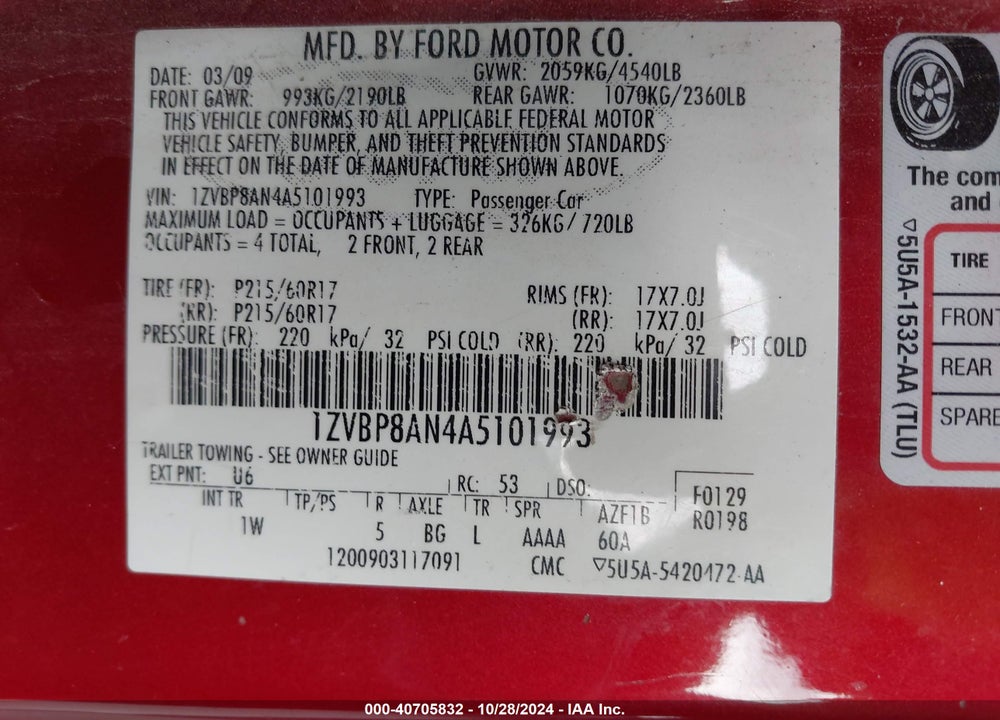 2010 FORD MUSTANG VIN: 1ZVBP8AN4A5101993