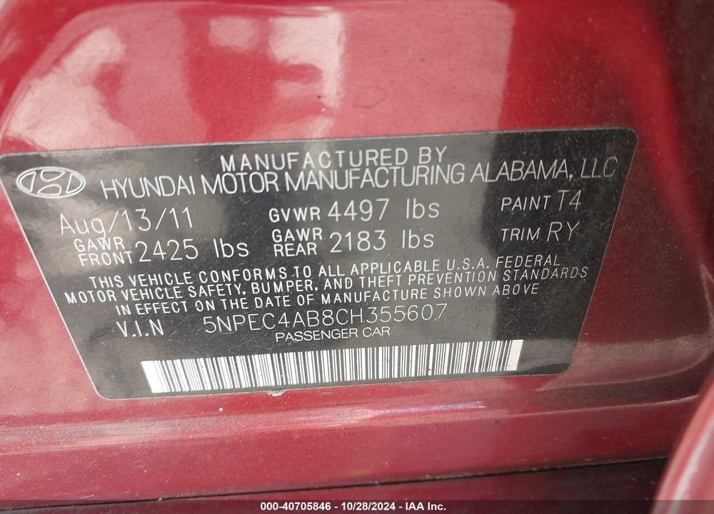 2012 HYUNDAI SONATA SE 2.0T VIN: 5NPEC4AB8CH355607