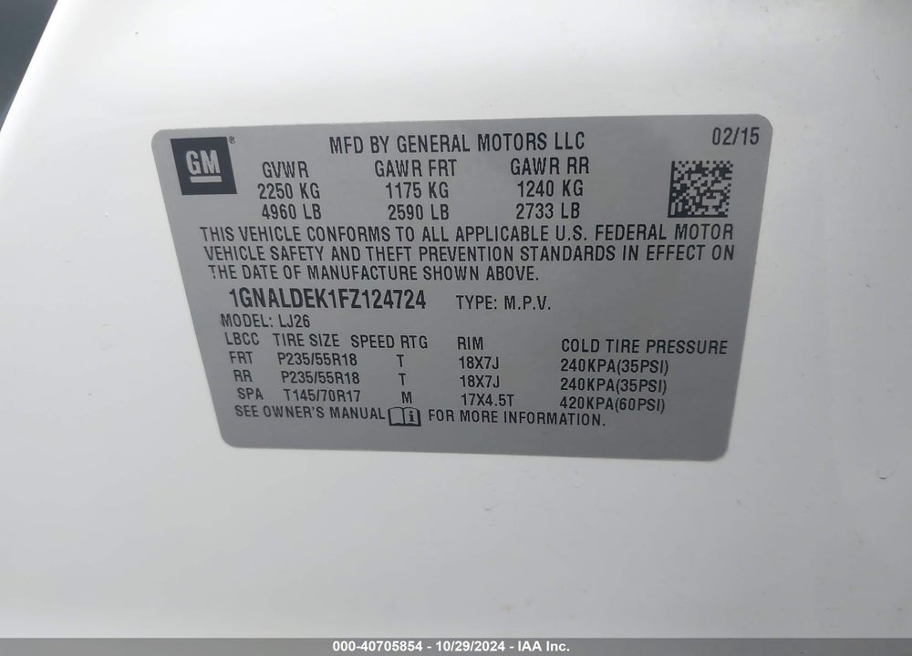 2015 CHEVROLET EQUINOX LTZ VIN: 1GNALDEK1FZ124724