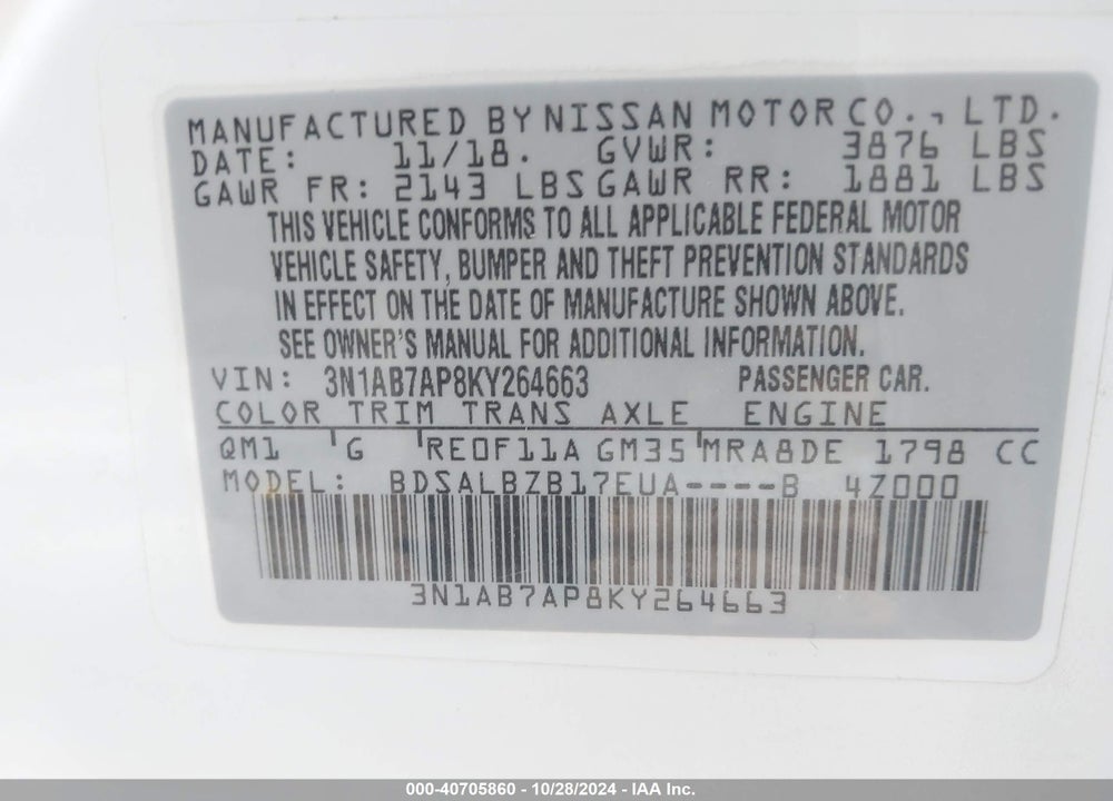 2019 NISSAN SENTRA S VIN: 3N1AB7AP8KY264663