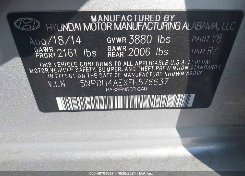2015 HYUNDAI ELANTRA SE VIN: 5NPDH4AEXFH576637