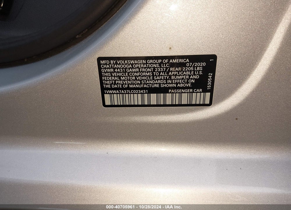 2020 VOLKSWAGEN PASSAT 2.0T SE VIN: 1VWWA7A37LC023431