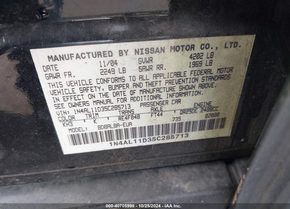 2005 NISSAN ALTIMA 2.5 S VIN: 1N4AL11D35C285713
