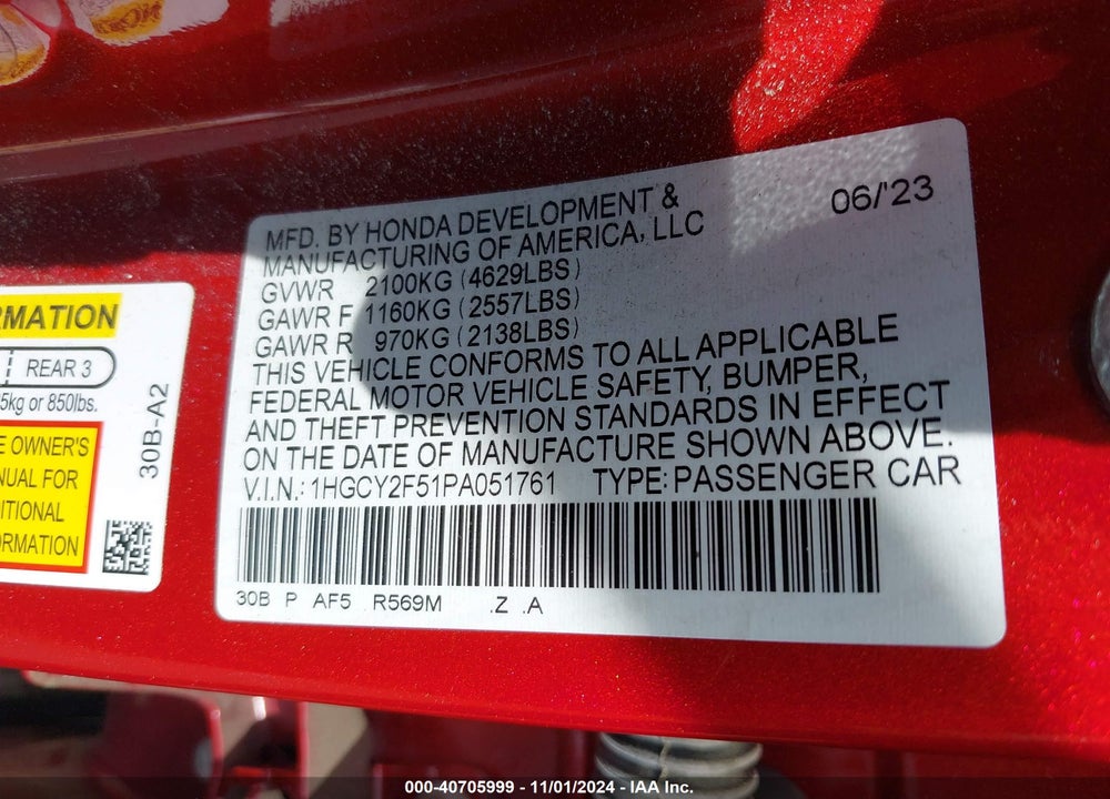 2023 HONDA ACCORD HYBRID SPORT VIN: 1HGCY2F51PA051761