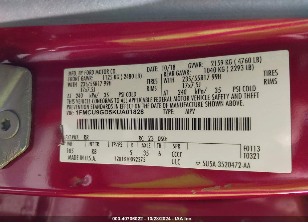 2019 FORD ESCAPE SE VIN: 1FMCU9GD5KUA01828