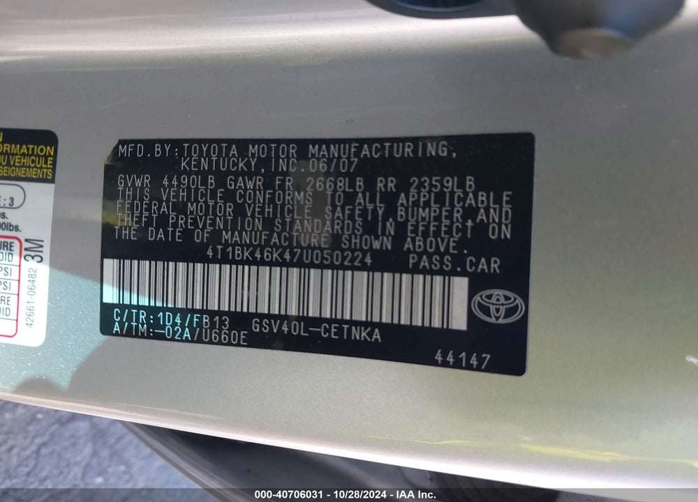 2007 TOYOTA CAMRY LE V6 VIN: 4T1BK46K47U050224