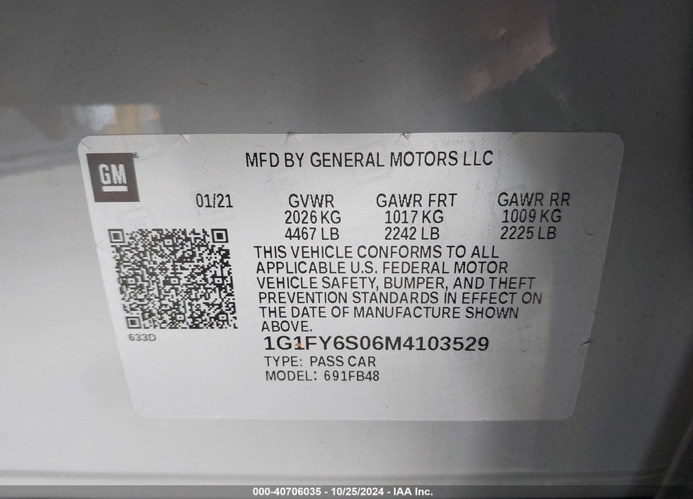 2021 CHEVROLET BOLT EV FWD LT VIN: 1G1FY6S06M4103529
