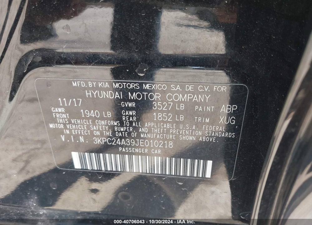 2018 HYUNDAI ACCENT VIN: 3KPC24A39JE010218