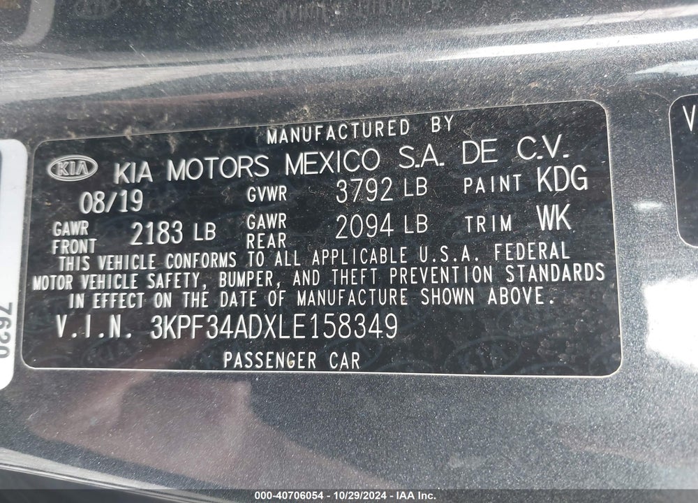 2020 KIA FORTE GT LINE VIN: 3KPF34ADXLE158349
