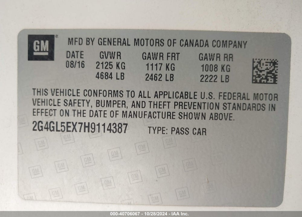 2017 BUICK REGAL TURBO SPORT TOURING VIN: 2G4GL5EX7H9114387