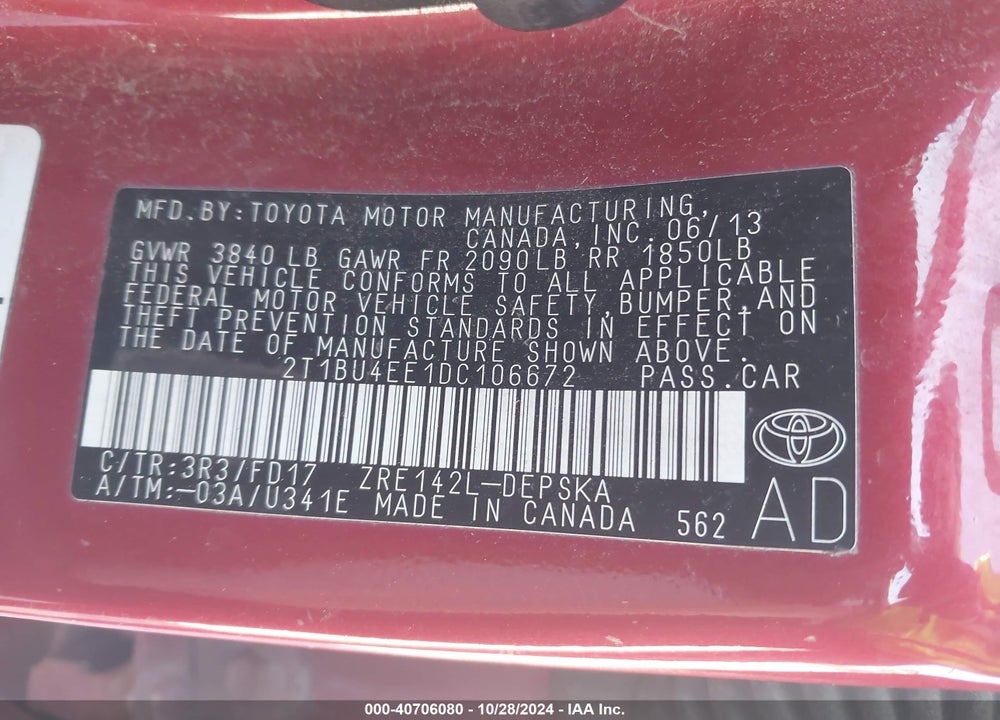 2013 TOYOTA COROLLA S VIN: 2T1BU4EE1DC106672