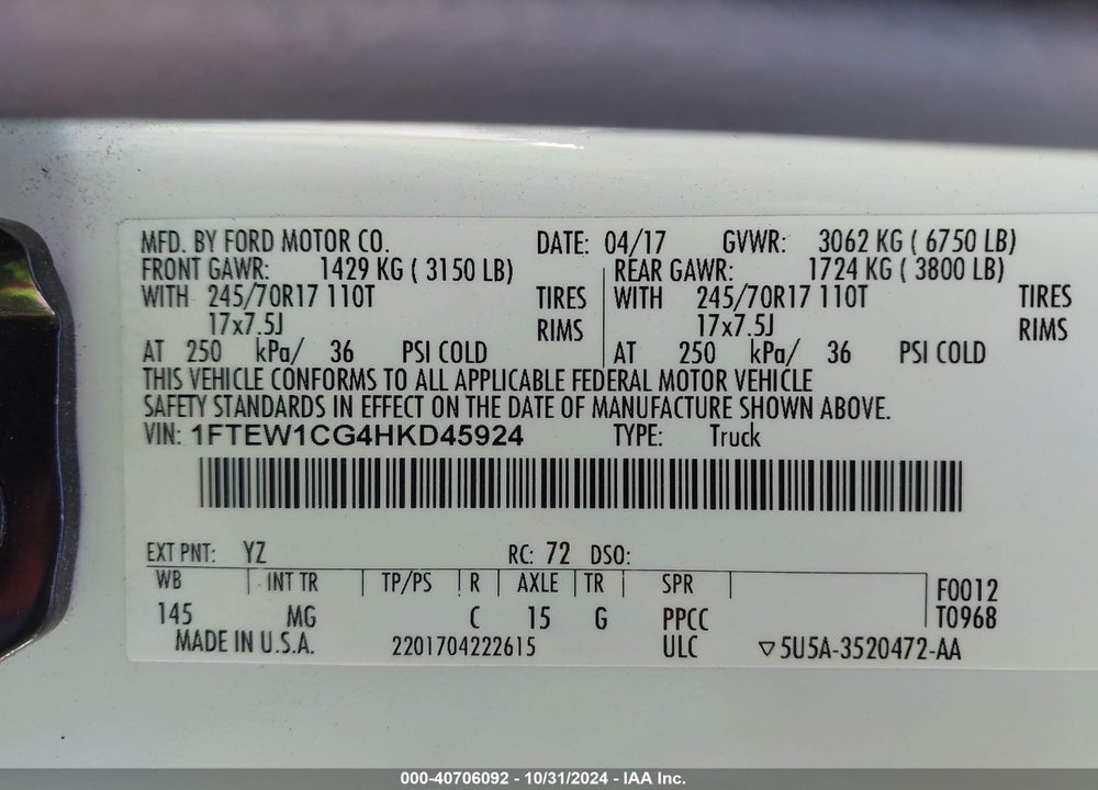 2017 FORD F-150 XLT VIN: 1FTEW1CG4HKD45924