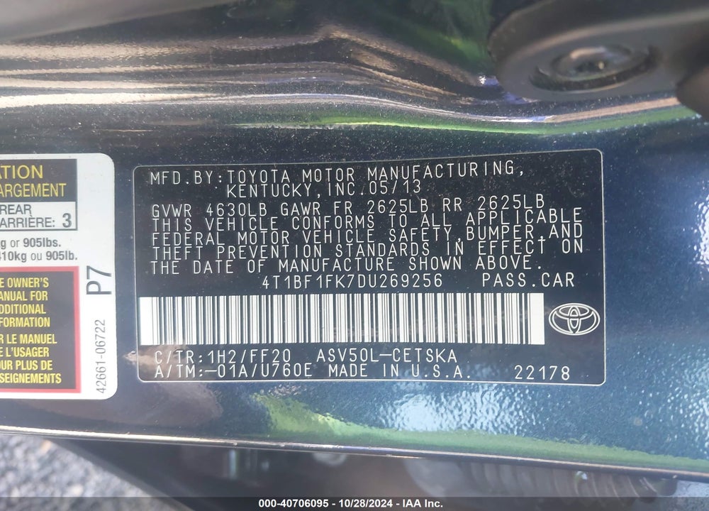 2013 TOYOTA CAMRY SE VIN: 4T1BF1FK7DU269256