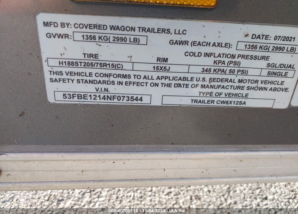 2022 COVERED WAGON TRAILE 12\' ENCLOSED TRAILER VIN: 53FBE1214NF073544