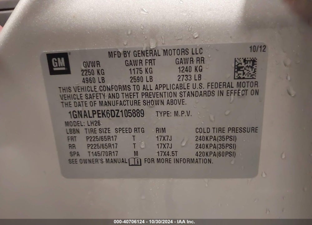 2013 CHEVROLET EQUINOX 2LT VIN: 1GNALPEK6DZ105889