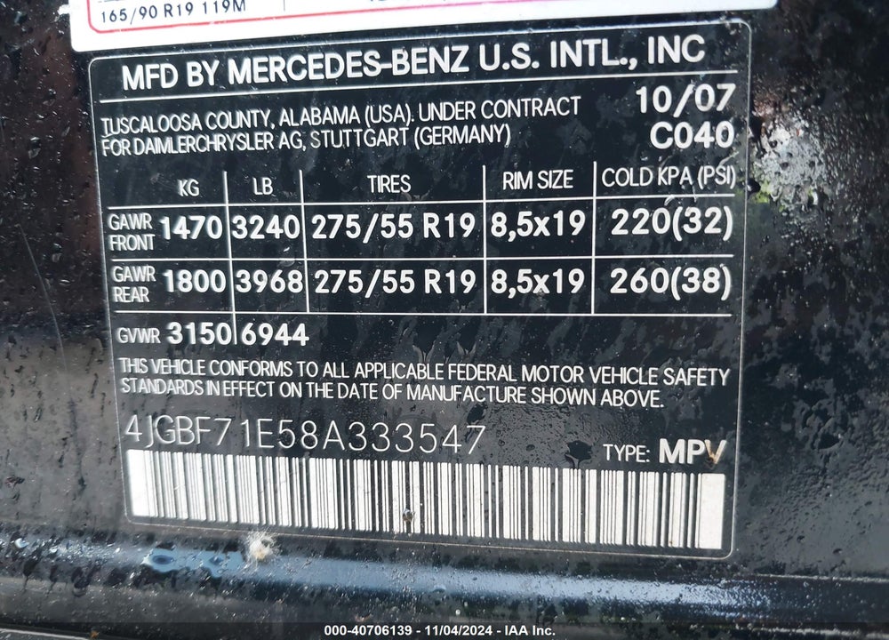 2008 MERCEDES-BENZ GL 450 4MATIC VIN: 4JGBF71E58A333547
